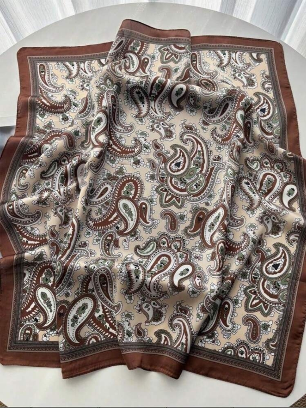 Silk-feel Classic Paisley Silk Pocket Square - Brown & Cream 70*70cm